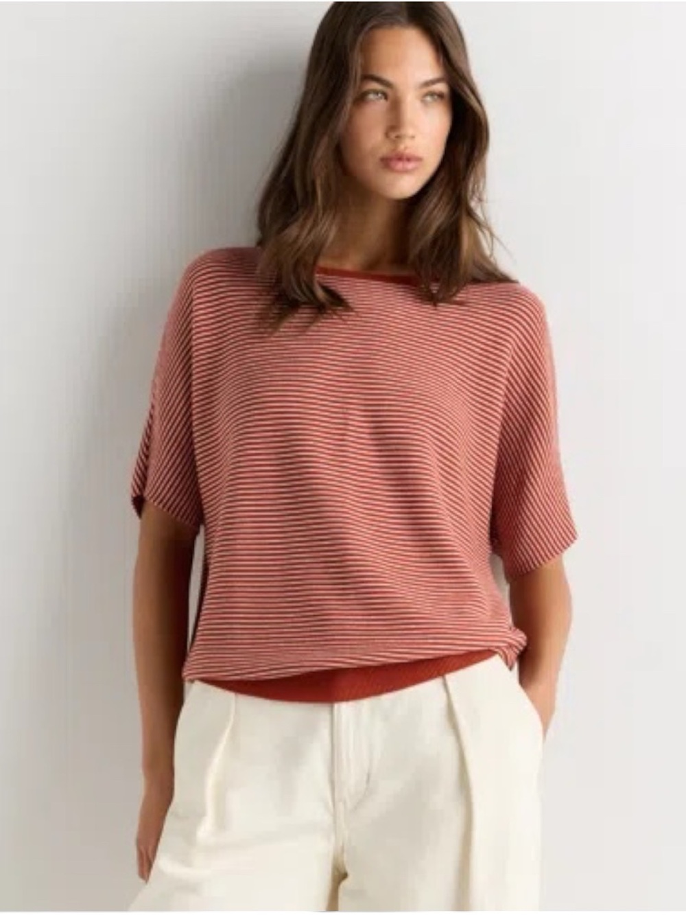 Quince Lightweight Cotton Cashmere Link-Stitch Dolman Sweater rust stripe  sz XL